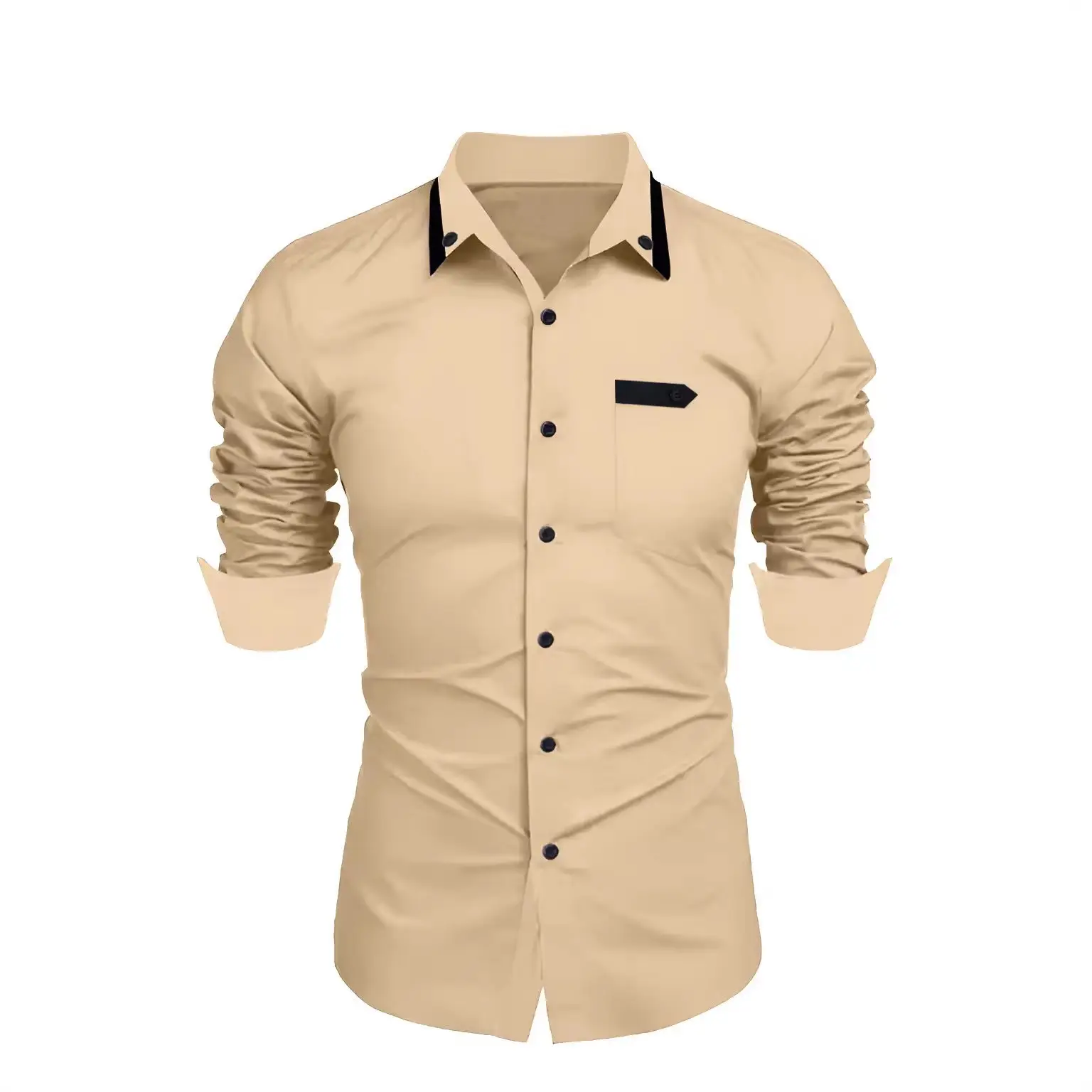 Men's Beige Long Sleeve Button-Up Shirt Casual Business Wear - Image 10