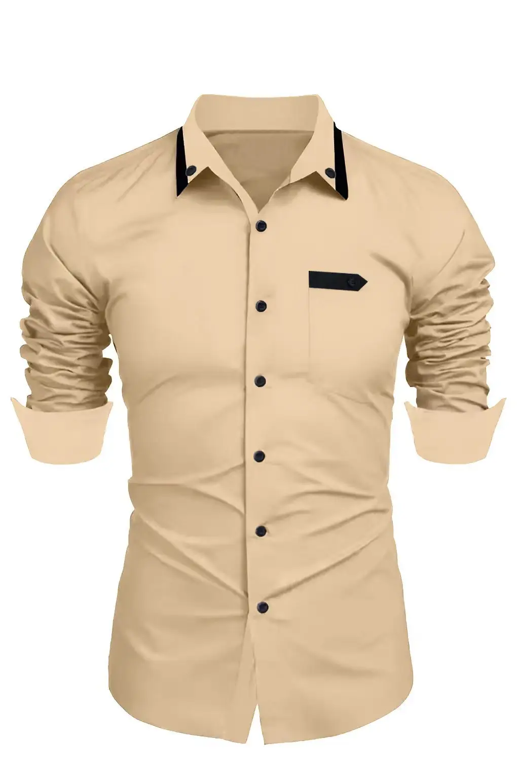 Men's Beige Long Sleeve Button-Up Shirt Casual Business Wear - Image 8