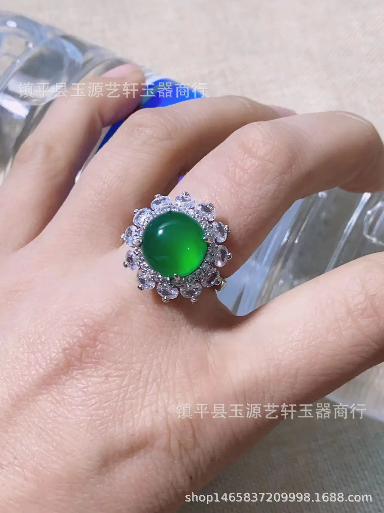 Chinese Style Green Jade Ring Silver Plated Inlaid Sun Green Jade — feature 6