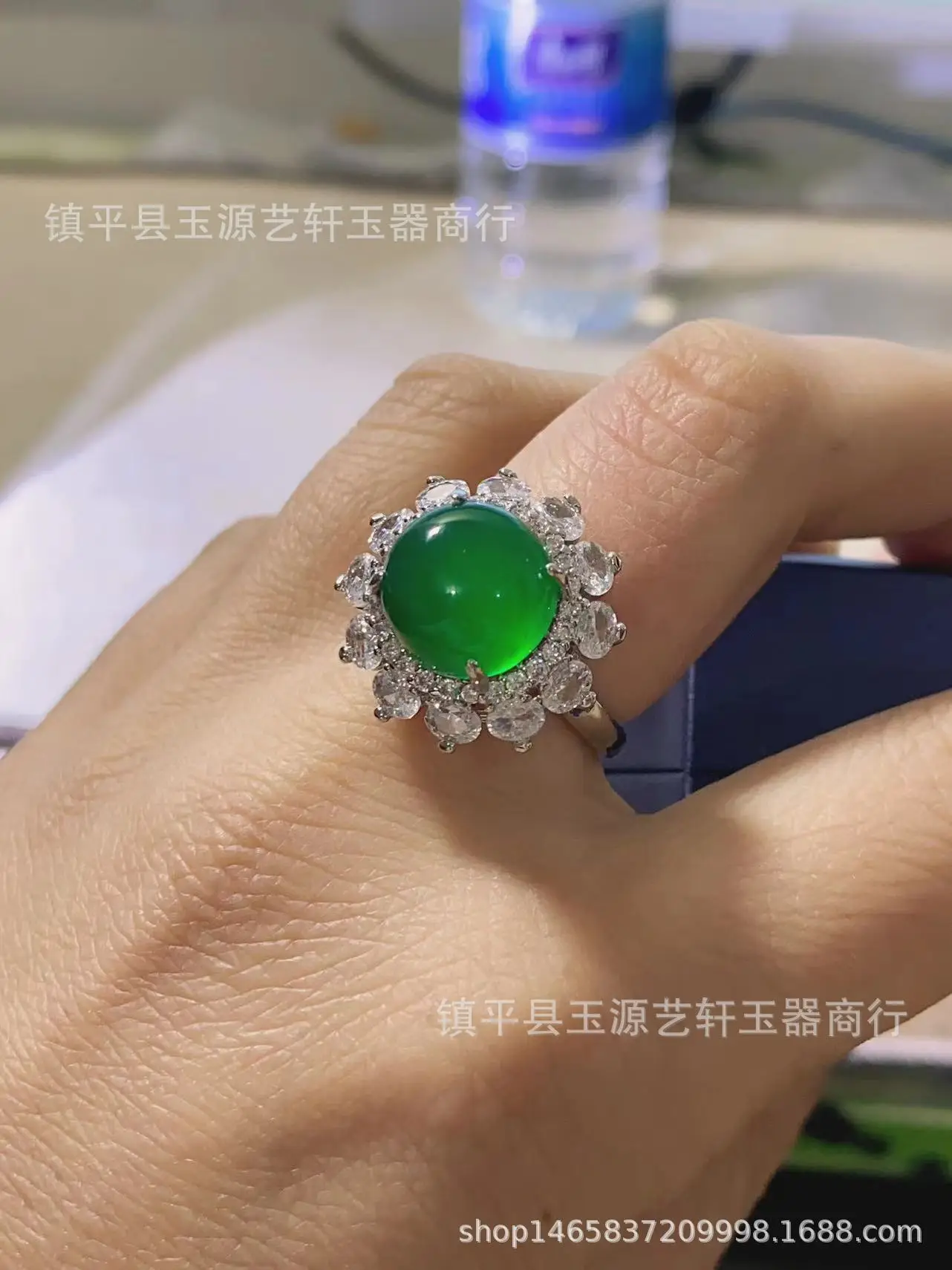 Chinese Style Green Jade Ring Silver Plated Inlaid Sun Green Jade — feature 8