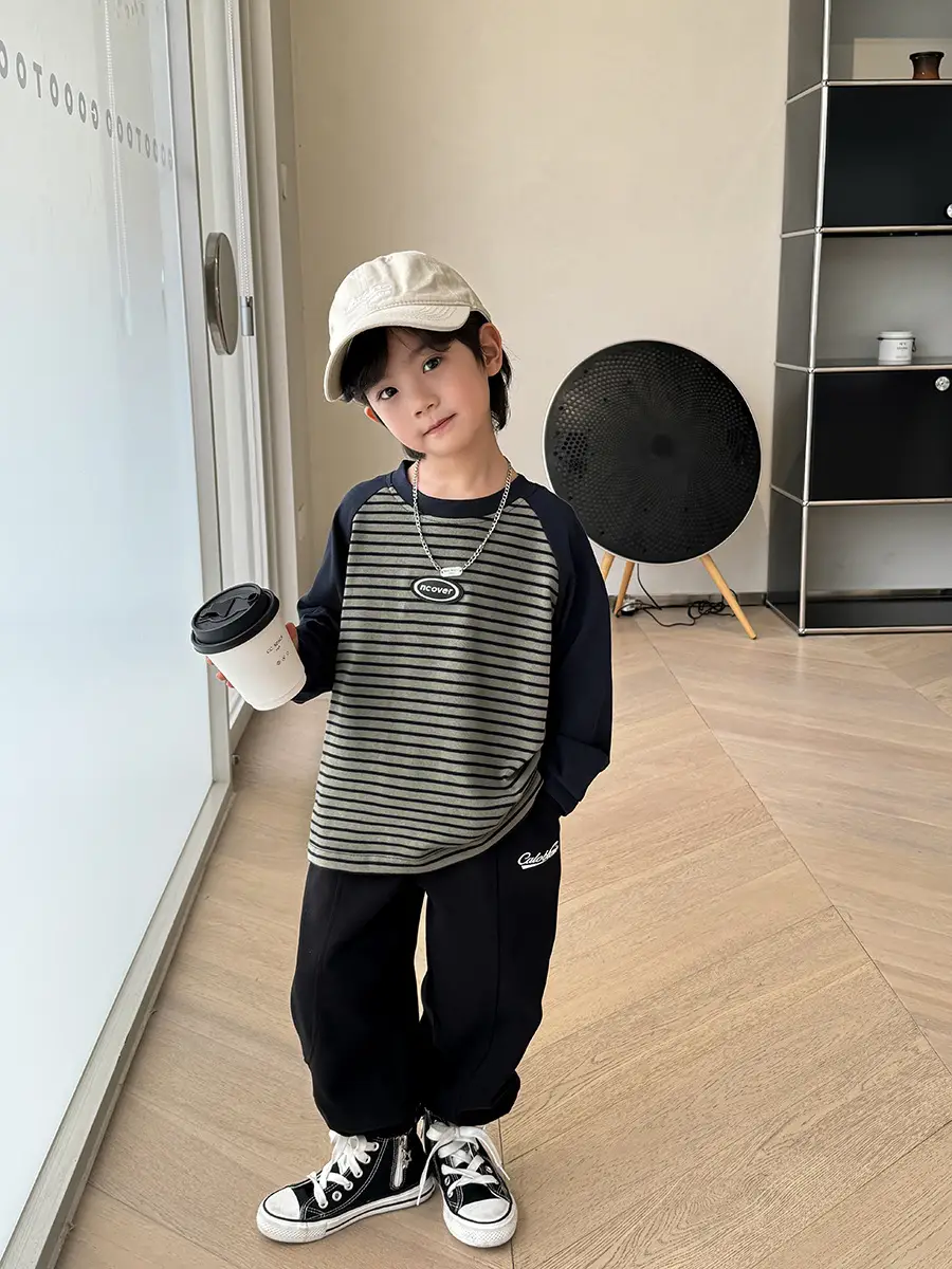 Haima Boys Striped Long Sleeve T-Shirt Black Pants - Image 3