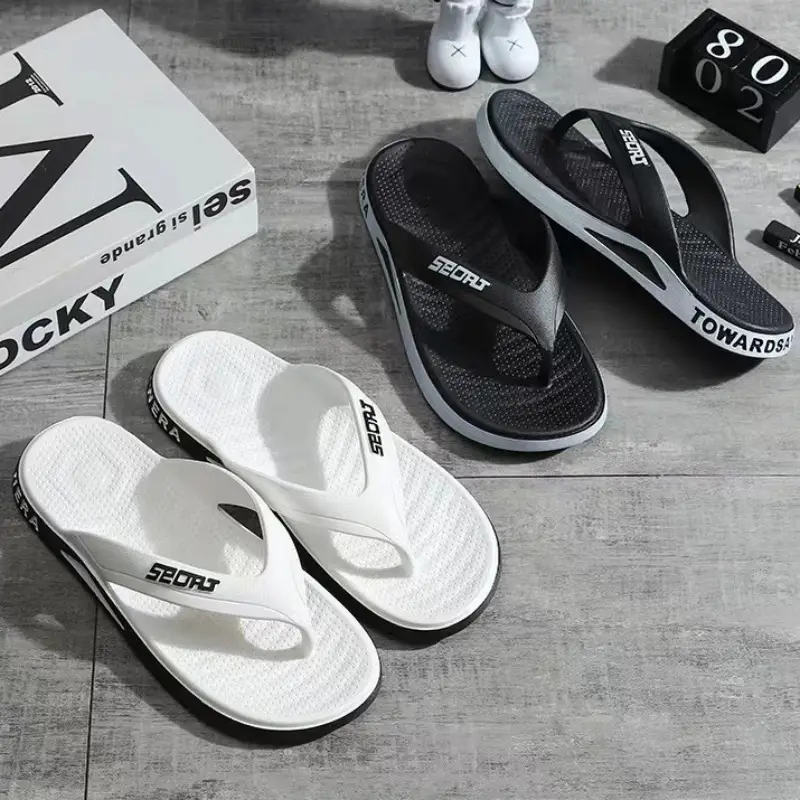 Men's Cross-Branded Black Beach Flip-Flops with Toms Sole