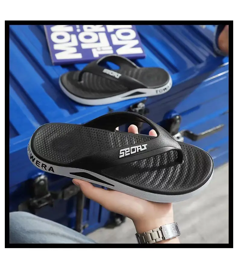 Men's Cross-Branded Black Beach Flip-Flops with Toms Sole — feature 1