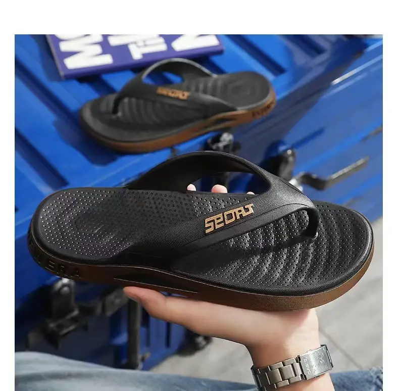 Men's Cross-Branded Black Beach Flip-Flops with Toms Sole — feature 15