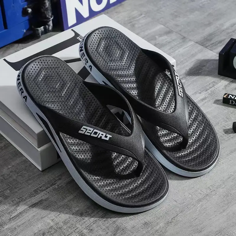 Men's Cross-Branded Black Beach Flip-Flops with Toms Sole