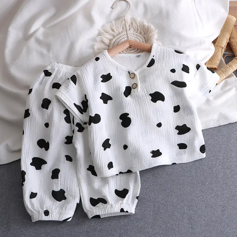 Children's Double-layer Cotton Yarn suit Summer Thin Boys and Girls Pure Cotton Home Clothes Pajamas Gauze Air-conditioning Clothes Children's Clothing