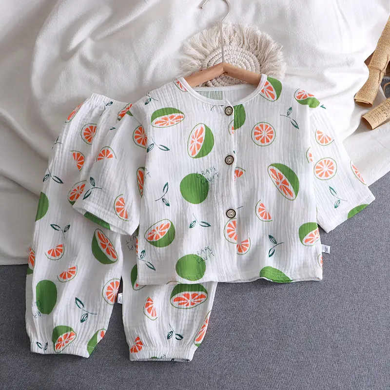 Children's Double-layer Cotton Yarn suit Summer Thin Boys and Girls Pure Cotton Home Clothes Pajamas Gauze Air-conditioning Clothes Children's Clothing