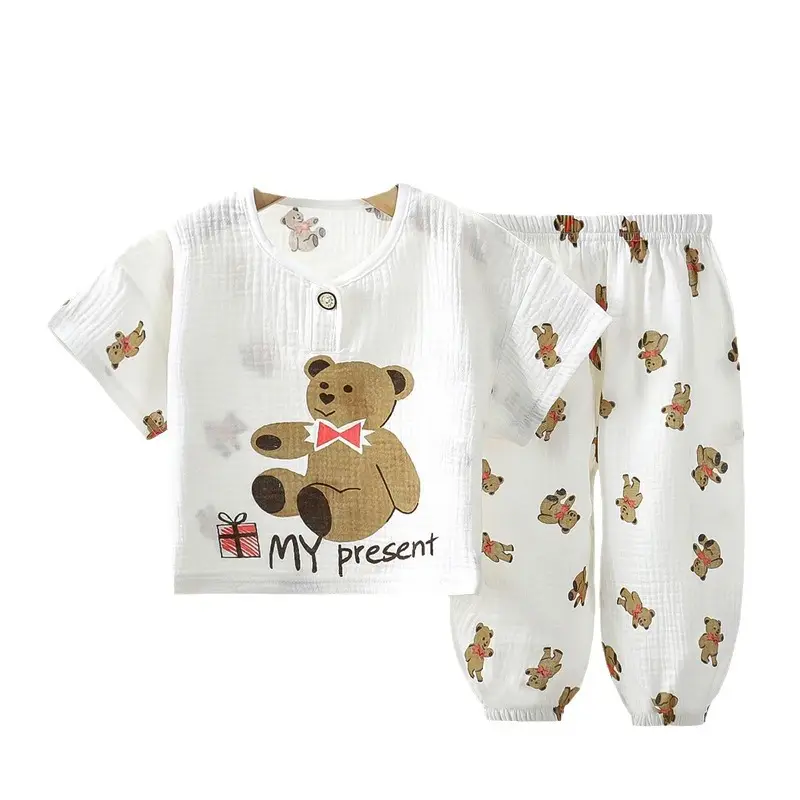 Children's Double-layer Cotton Yarn suit Summer Thin Boys and Girls Pure Cotton Home Clothes Pajamas Gauze Air-conditioning Clothes Children's Clothing