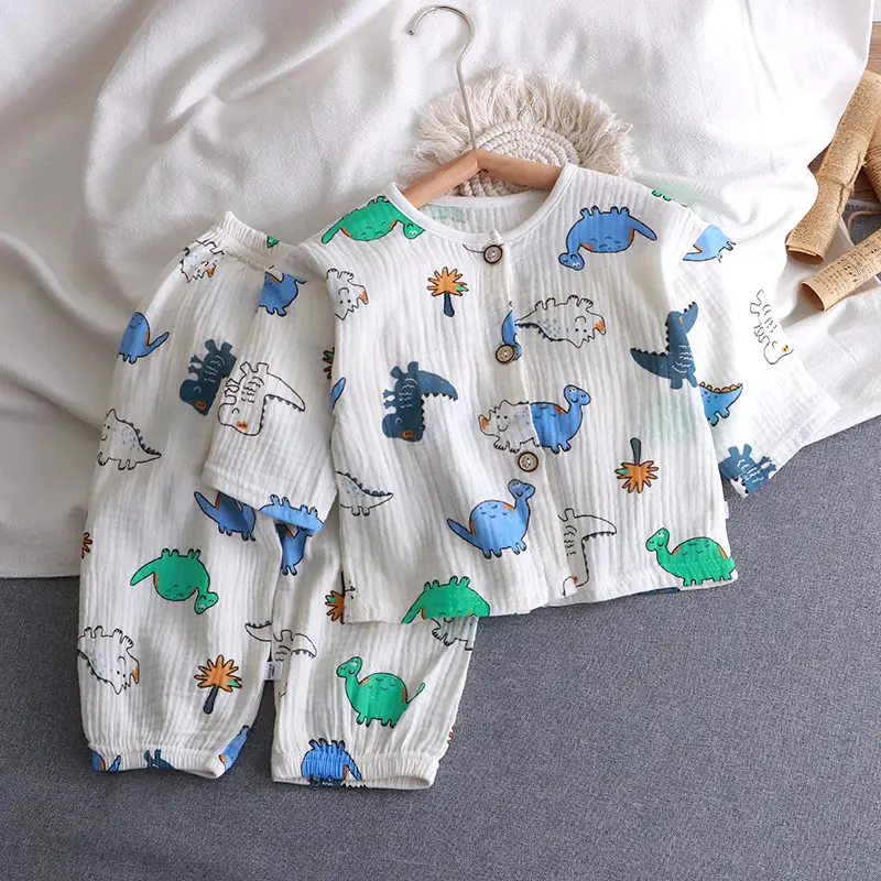 Children's Double-layer Cotton Yarn suit Summer Thin Boys and Girls Pure Cotton Home Clothes Pajamas Gauze Air-conditioning Clothes Children's Clothing