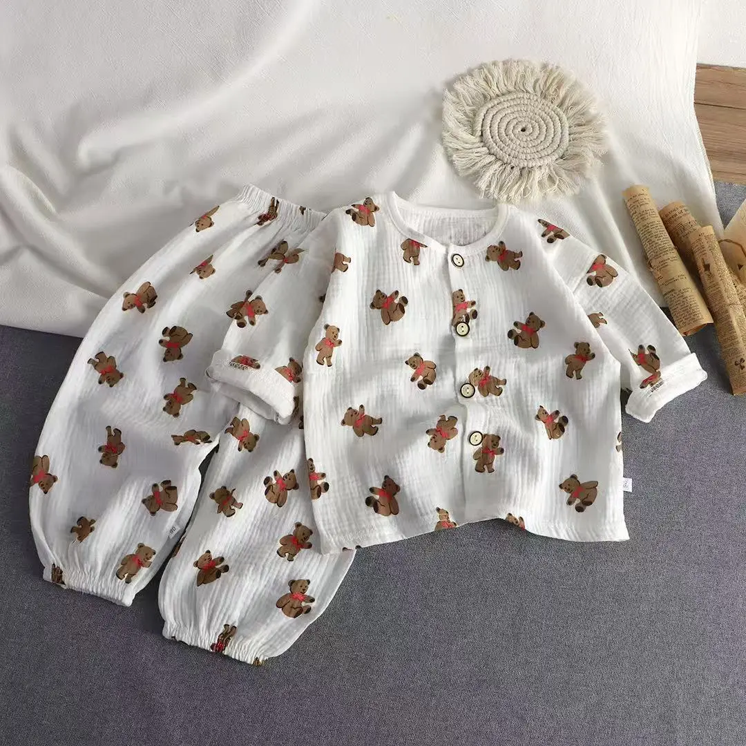 Children's Double-layer Cotton Yarn suit Summer Thin Boys and Girls Pure Cotton Home Clothes Pajamas Gauze Air-conditioning Clothes Children's Clothing
