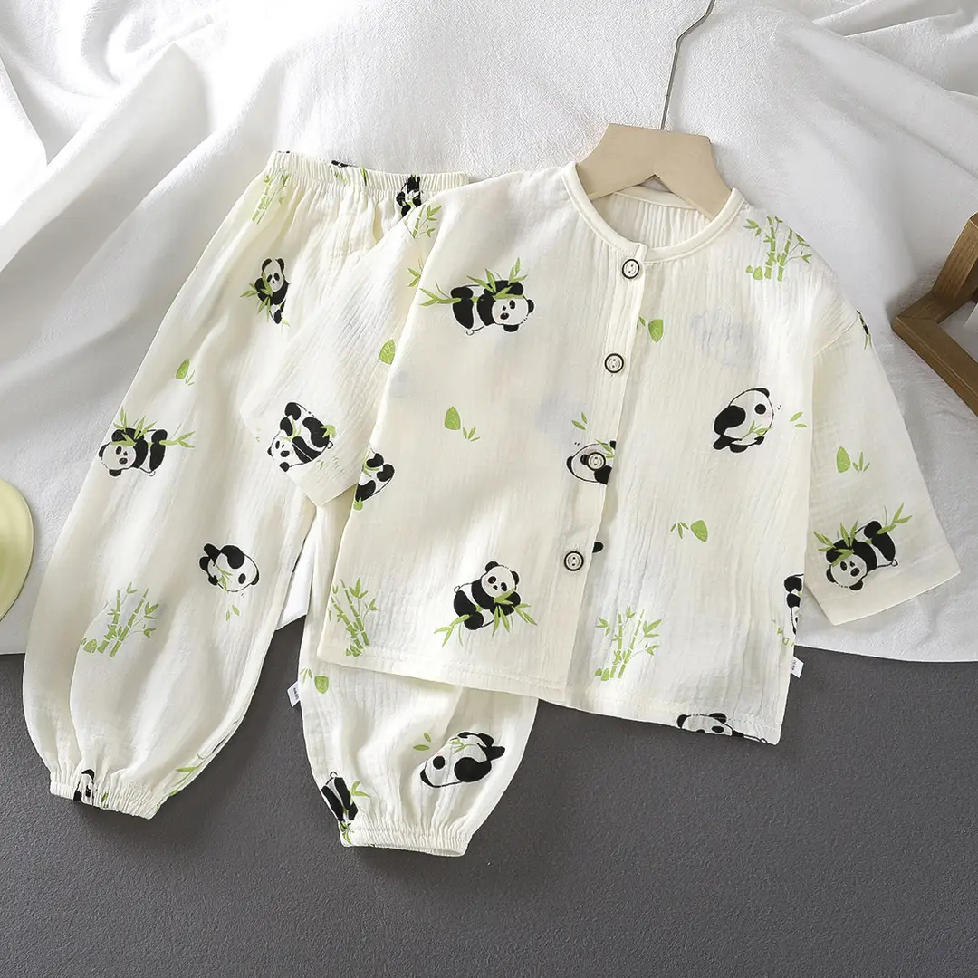 Children's Double-layer Cotton Yarn suit Summer Thin Boys and Girls Pure Cotton Home Clothes Pajamas Gauze Air-conditioning Clothes Children's Clothing