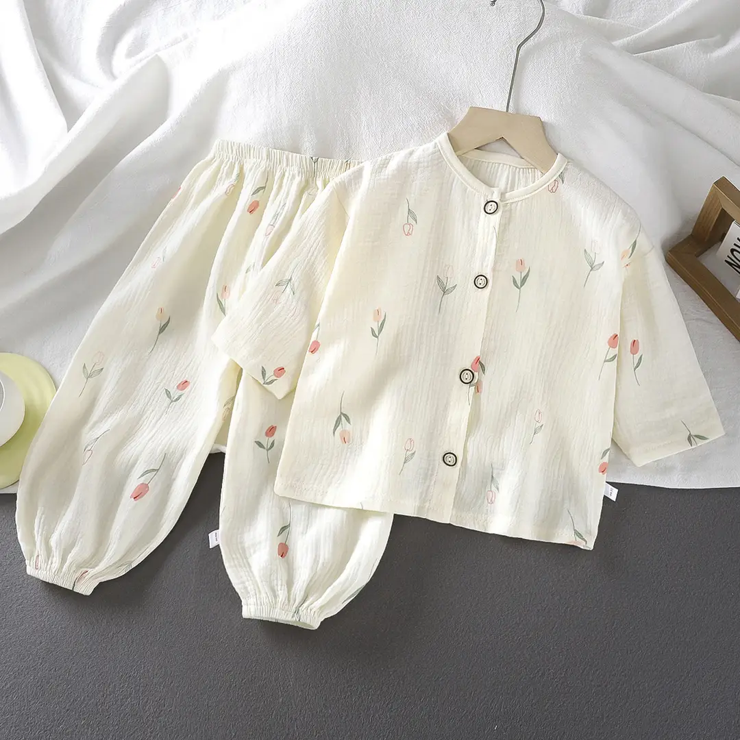 Children's Double-layer Cotton Yarn suit Summer Thin Boys and Girls Pure Cotton Home Clothes Pajamas Gauze Air-conditioning Clothes Children's Clothing