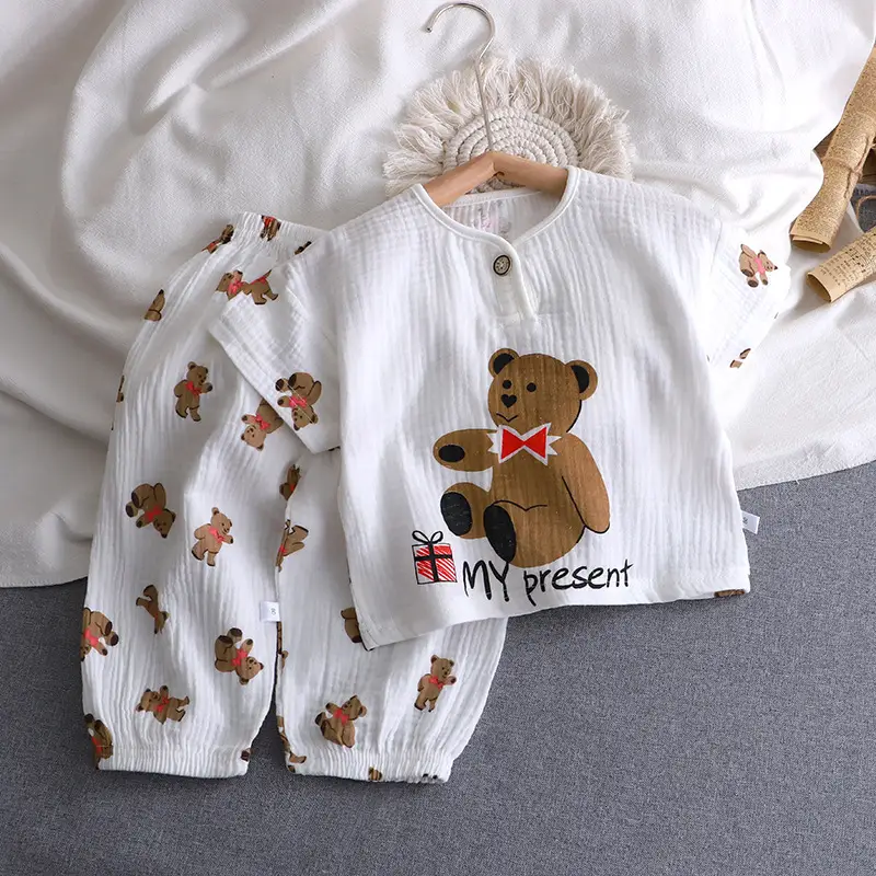 Children's Double-layer Cotton Yarn suit Summer Thin Boys and Girls Pure Cotton Home Clothes Pajamas Gauze Air-conditioning Clothes Children's Clothing