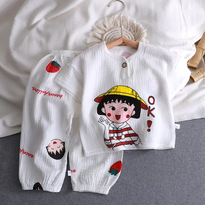 Children's Double-layer Cotton Yarn suit Summer Thin Boys and Girls Pure Cotton Home Clothes Pajamas Gauze Air-conditioning Clothes Children's Clothing