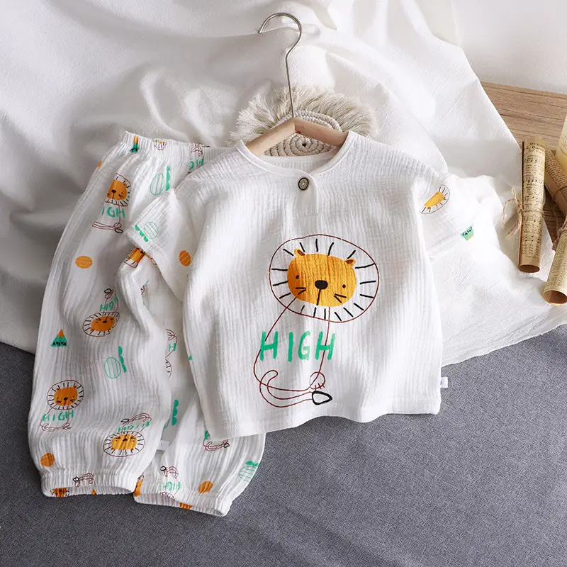 Children's Double-layer Cotton Yarn suit Summer Thin Boys and Girls Pure Cotton Home Clothes Pajamas Gauze Air-conditioning Clothes Children's Clothing