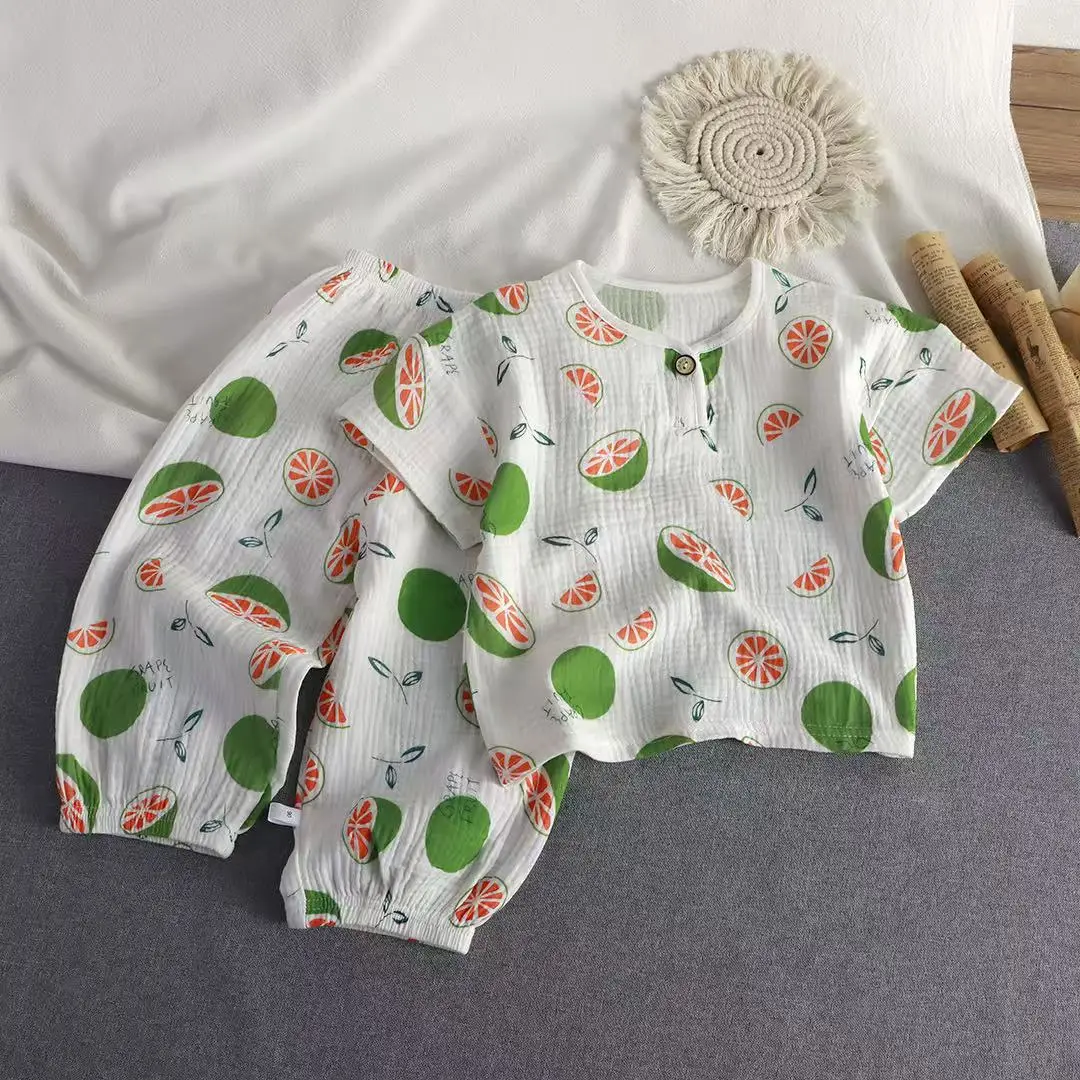 Children's Double-layer Cotton Yarn suit Summer Thin Boys and Girls Pure Cotton Home Clothes Pajamas Gauze Air-conditioning Clothes Children's Clothing