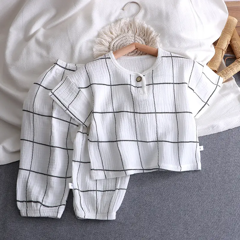 Children's Double-layer Cotton Yarn suit Summer Thin Boys and Girls Pure Cotton Home Clothes Pajamas Gauze Air-conditioning Clothes Children's Clothing