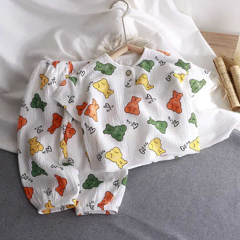 Children's Double-layer Cotton Yarn suit Summer Thin Boys and Girls Pure Cotton Home Clothes Pajamas Gauze Air-conditioning Clothes Children's Clothing