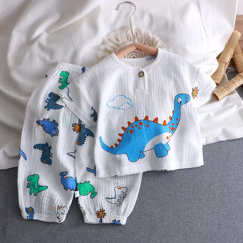 Children's Double-layer Cotton Yarn suit Summer Thin Boys and Girls Pure Cotton Home Clothes Pajamas Gauze Air-conditioning Clothes Children's Clothing