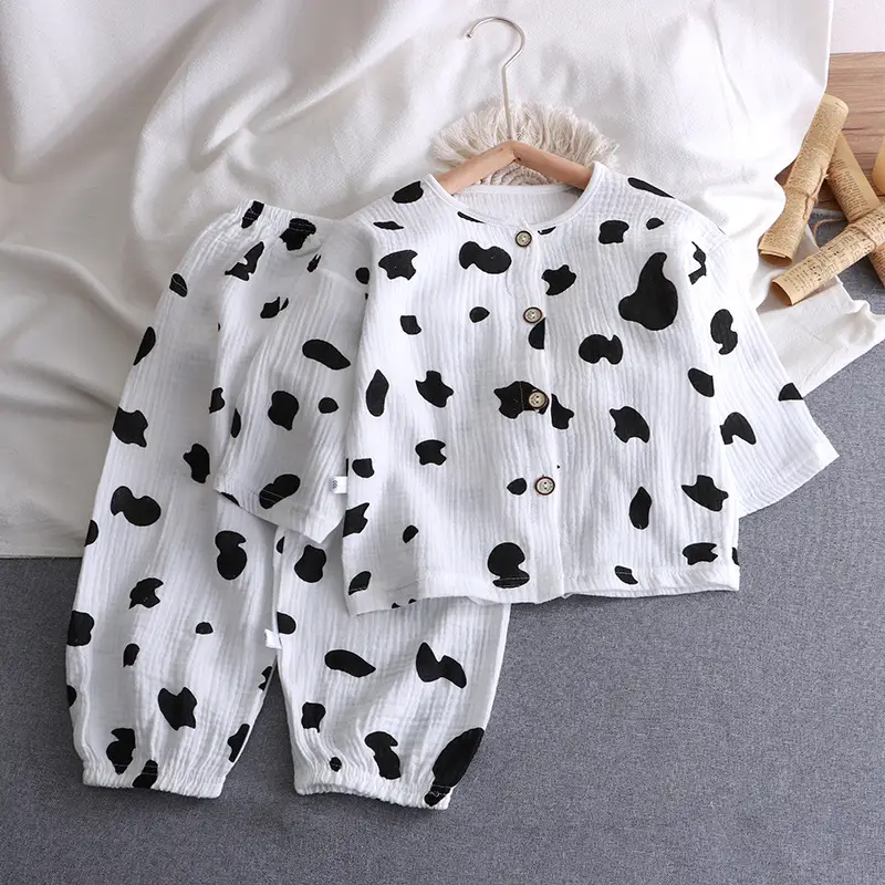 Children's Double-layer Cotton Yarn suit Summer Thin Boys and Girls Pure Cotton Home Clothes Pajamas Gauze Air-conditioning Clothes Children's Clothing