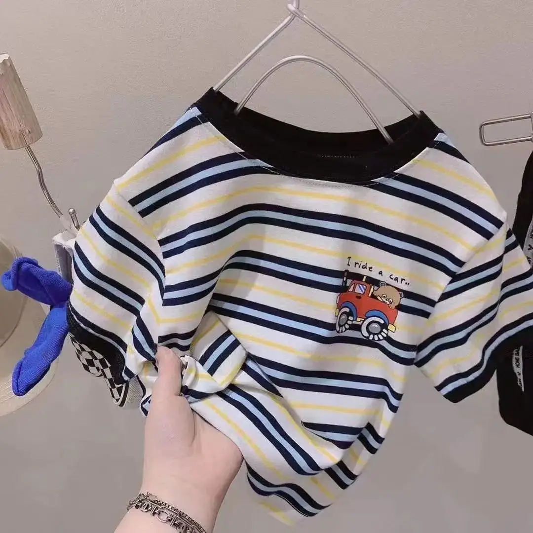 Korean Boys Striped T-Shirt Toddler Car Theme Shorts Set - Image 2