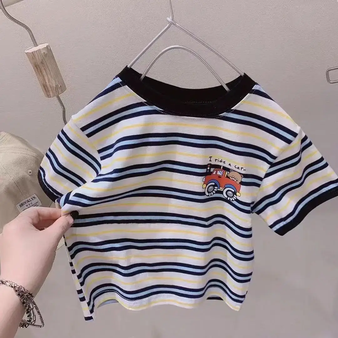Korean Boys Striped T-Shirt Toddler Car Theme Shorts Set - Image 4
