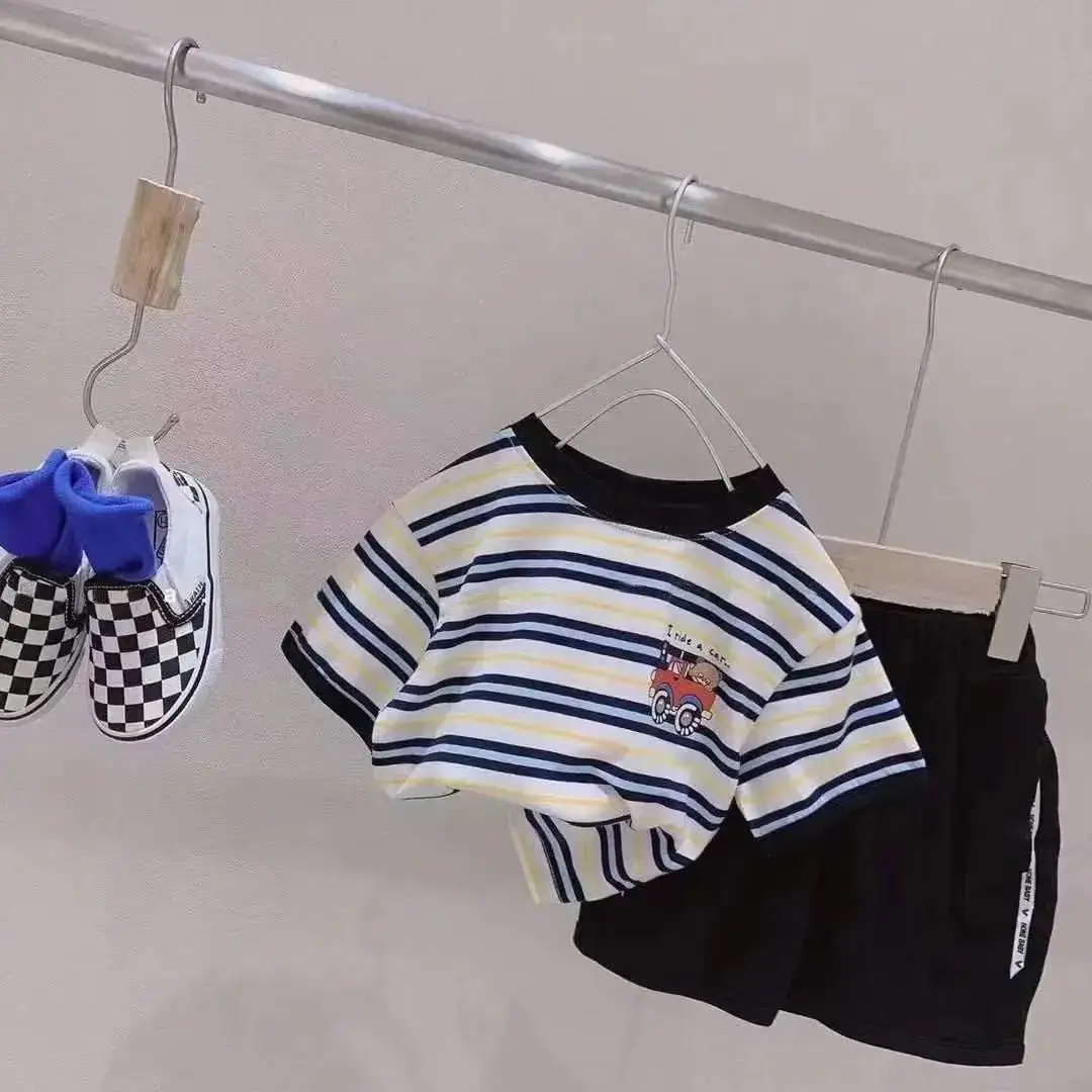 Korean Boys Striped T-Shirt Toddler Car Theme Shorts Set - Image 5