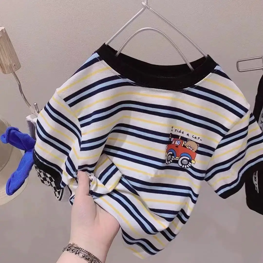 Korean Boys Striped T-Shirt Toddler Car Theme Shorts Set — feature 1