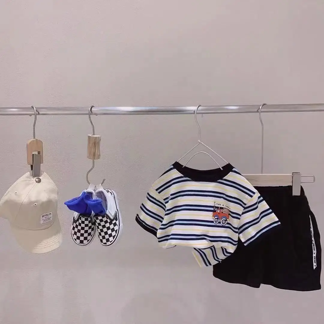 Korean Boys Striped T-Shirt Toddler Car Theme Shorts Set — feature 2