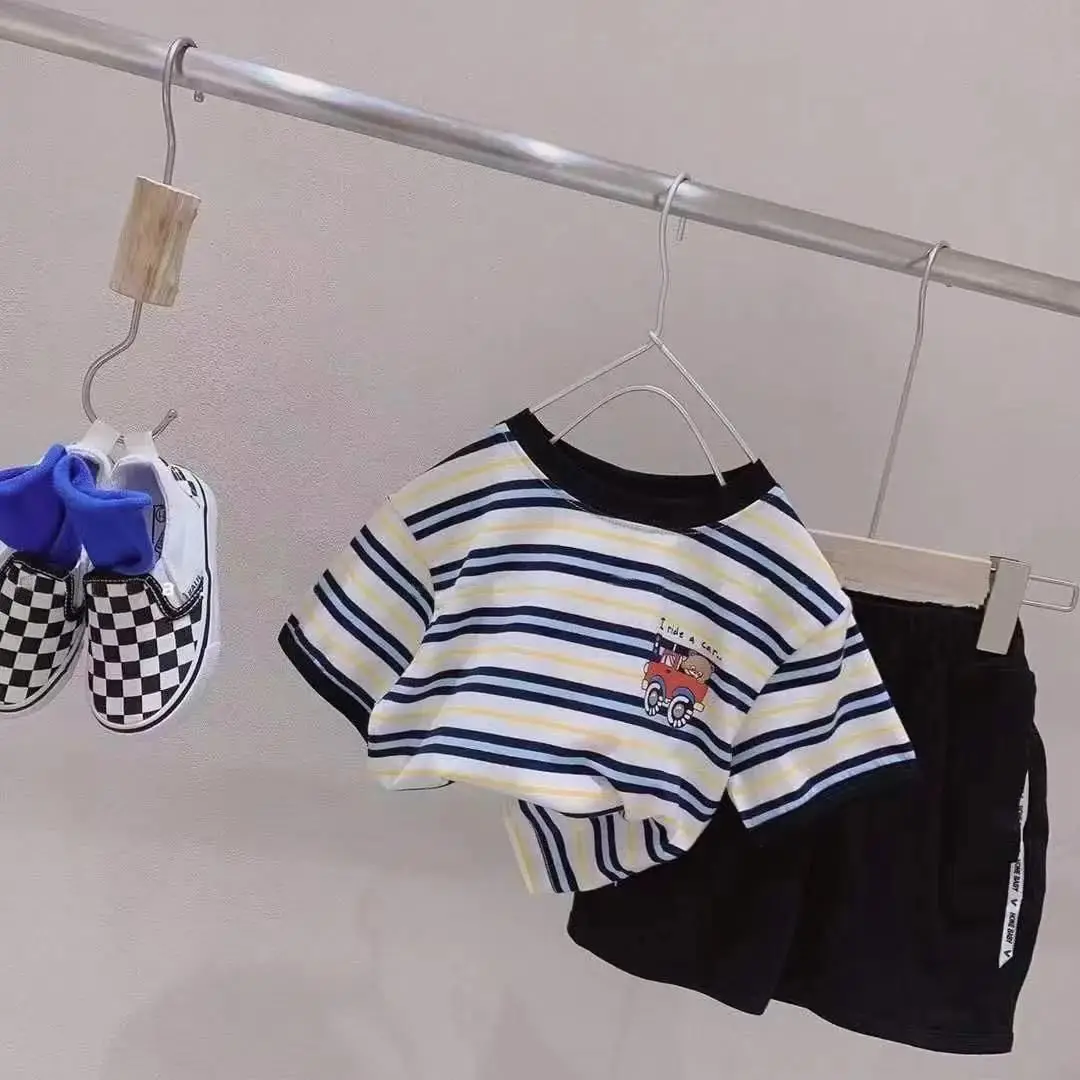 Korean Boys Striped T-Shirt Toddler Car Theme Shorts Set — feature 7