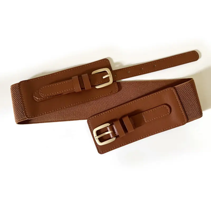 Black Elastic Waist Belt with Gold Buckle for Women