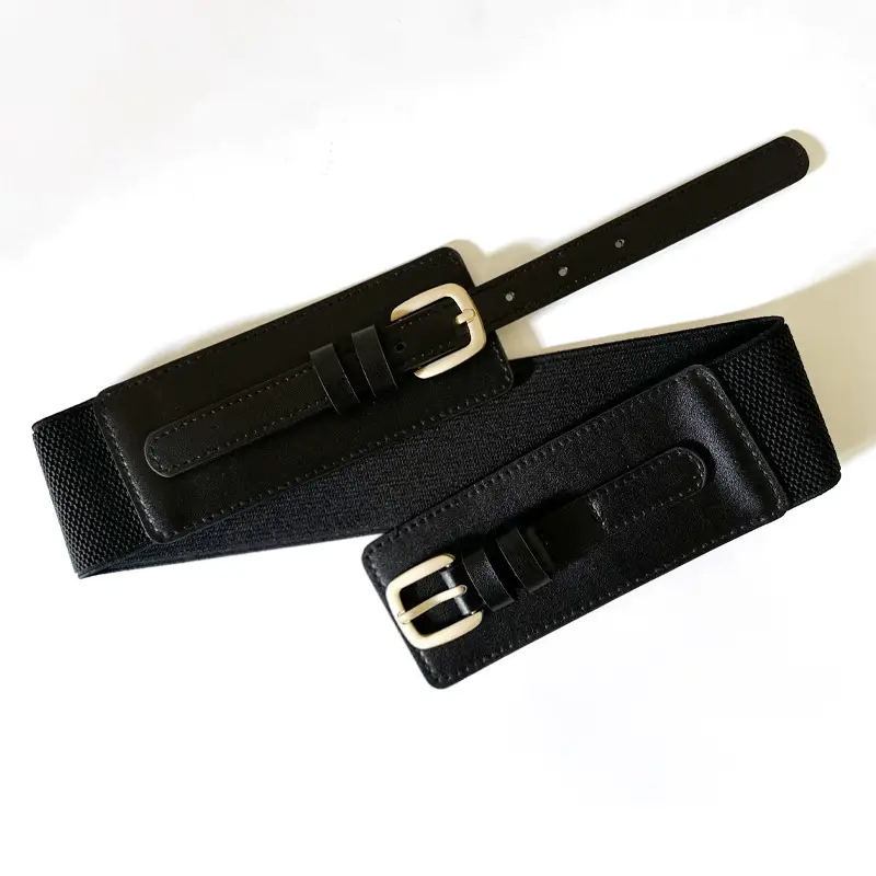 Black Elastic Waist Belt with Gold Buckle for Women