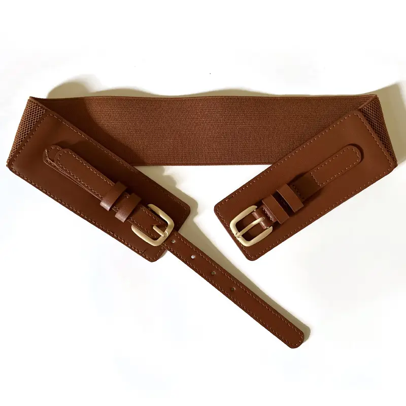 Black Elastic Waist Belt with Gold Buckle for Women