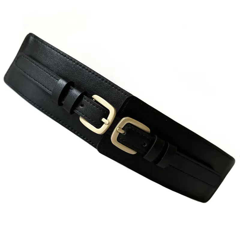 Black Elastic Waist Belt with Gold Buckle for Women