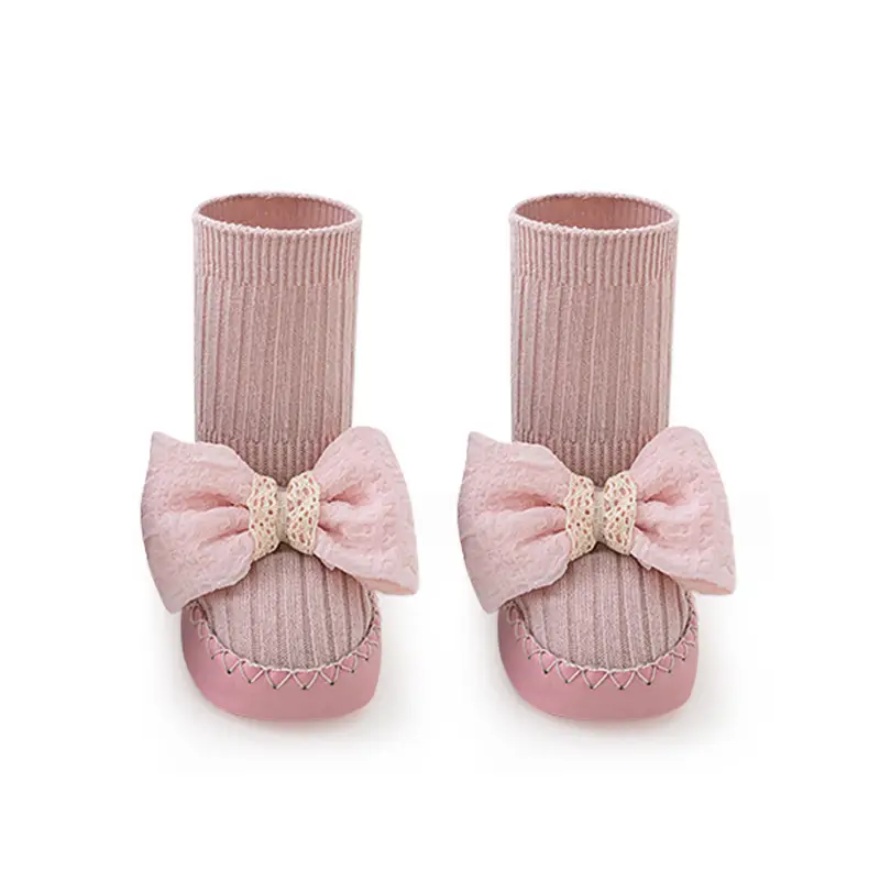 Pink Bow Baby Socks Mid-Calf Non-Slip Walking Shoes
