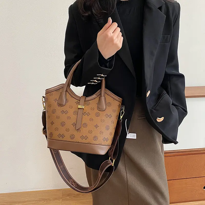 Women's Printed Leather Shoulder Bag Brown - Image 6