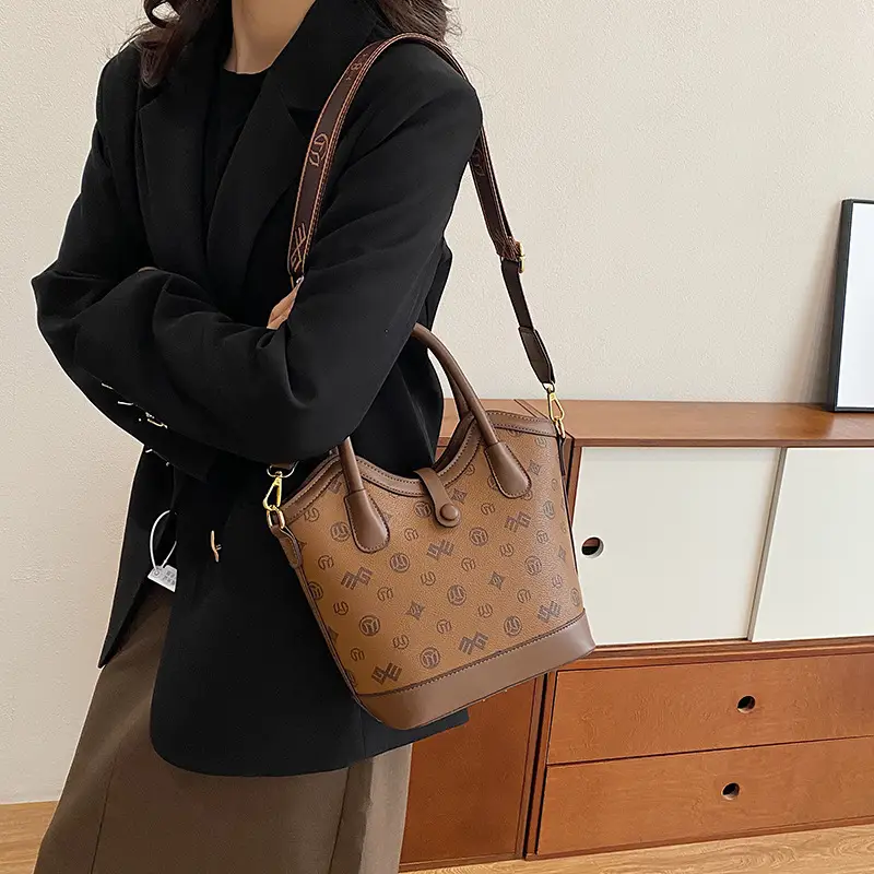 Women's Printed Leather Shoulder Bag Brown - Image 7
