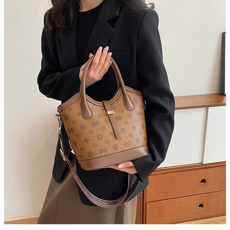 Women's Printed Leather Shoulder Bag Brown — feature 14