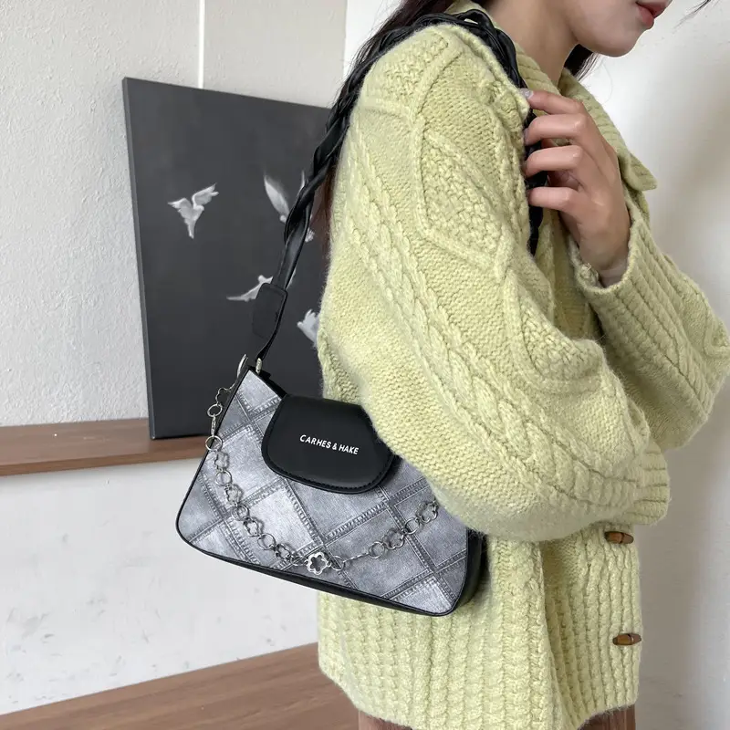 2024 Women's Grey Quilted Shoulder Bag with Chain Strap - Image 4