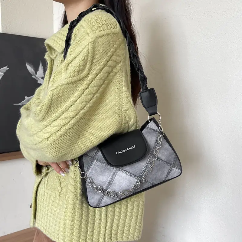 2024 Women's Grey Quilted Shoulder Bag with Chain Strap - Image 5