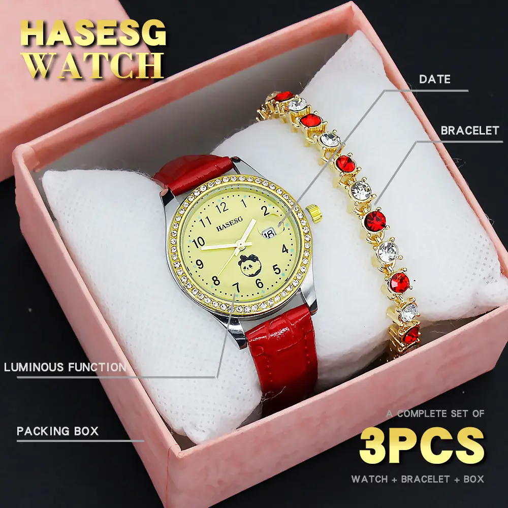 Women's Gold Luminous Quartz Watch with Red Strap — feature 3