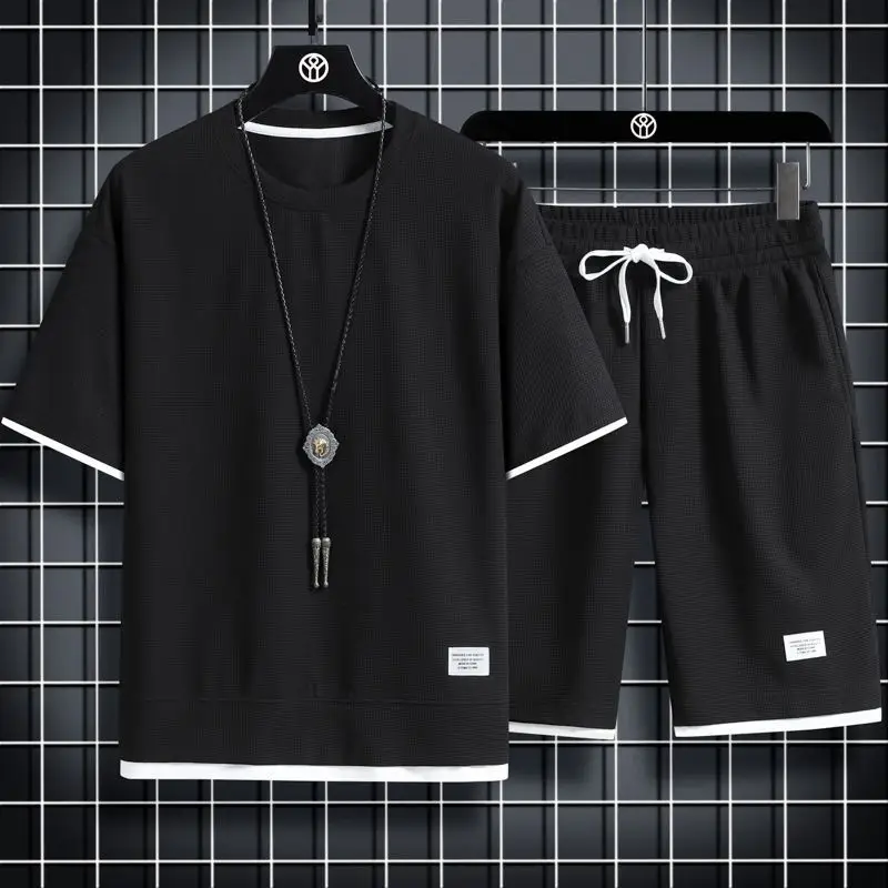 Black Waffle Casual Two-Piece Summer Sports Suit - Image 4