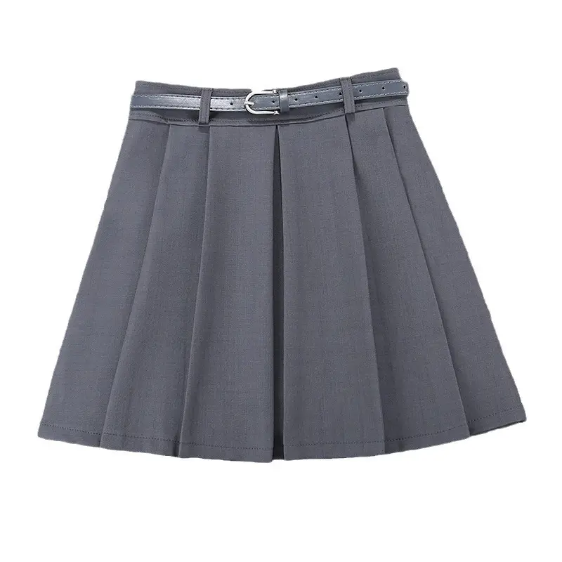 Women Pleated Skirt Grey Belted 2024 Spring - Image 8