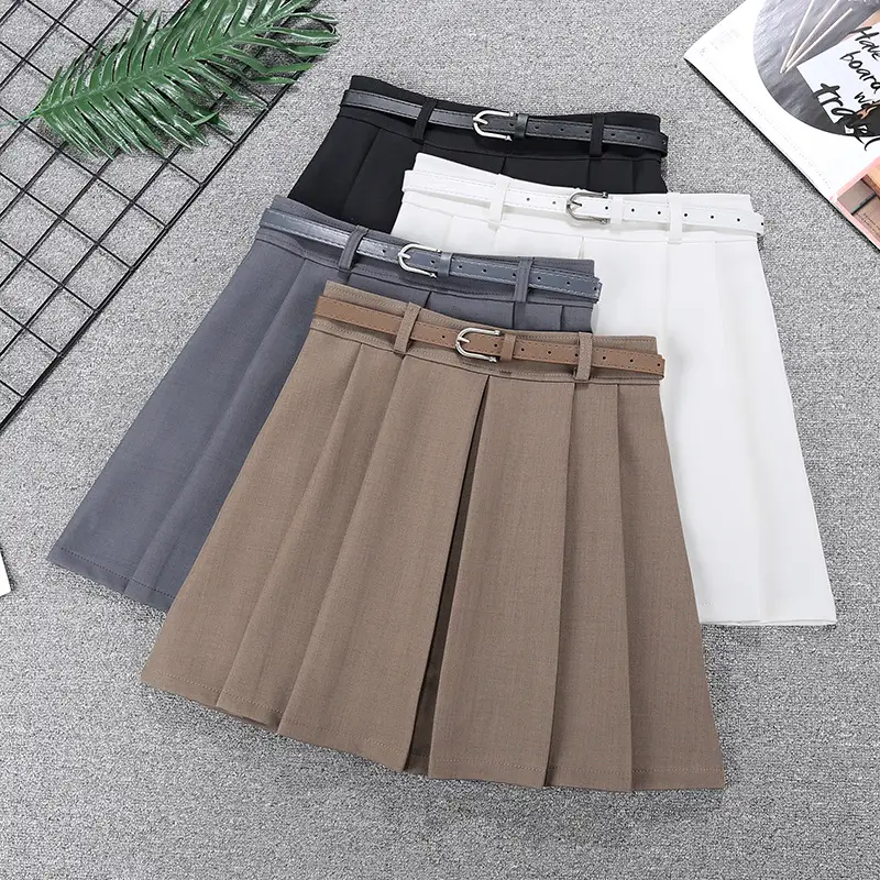 Women Pleated Skirt Grey Belted 2024 Spring — feature 1