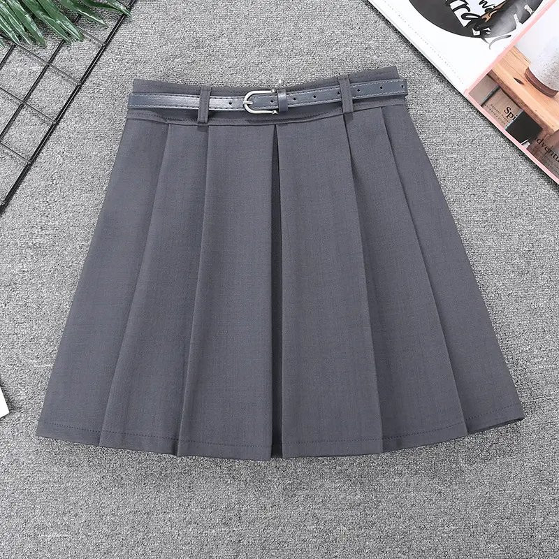 Women Pleated Skirt Grey Belted 2024 Spring — feature 4