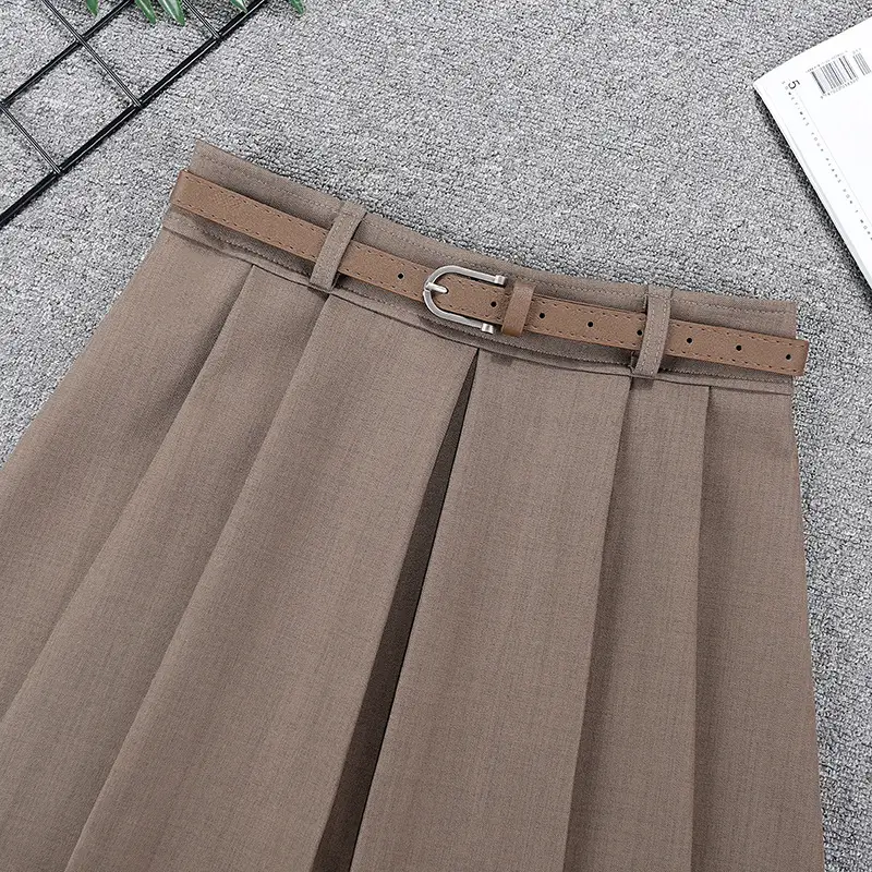 Women Pleated Skirt Grey Belted 2024 Spring — feature 5