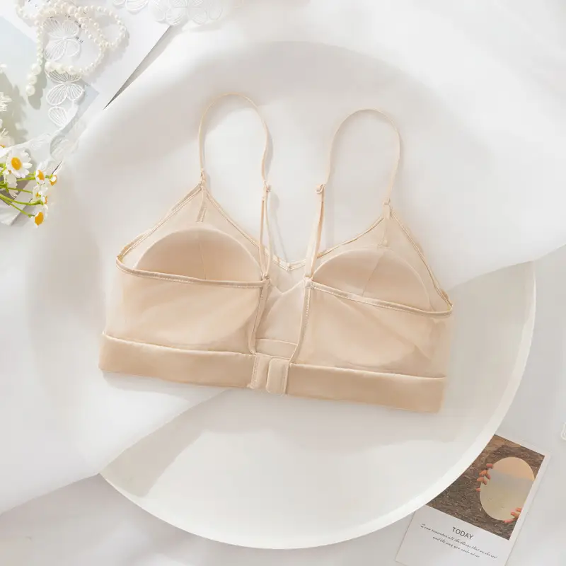 Satin Silk Bra French Mulberry Silk Bra Thin Lace Beautiful Back One Piece Suspender Wireless Underwear for Women