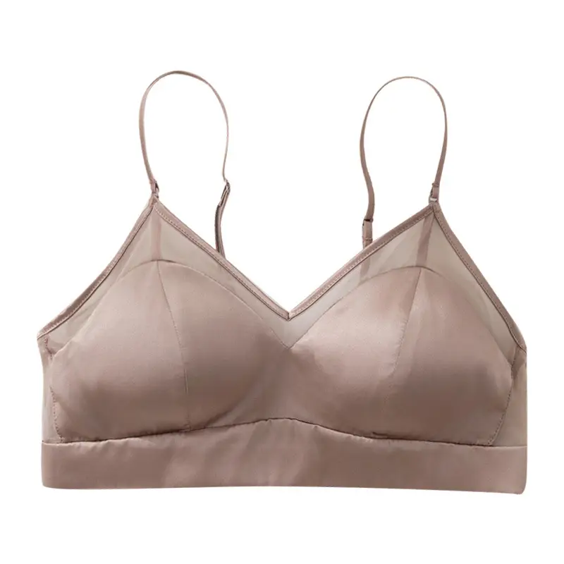 Satin Silk Bra French Mulberry Silk Bra Thin Lace Beautiful Back One Piece Suspender Wireless Underwear for Women