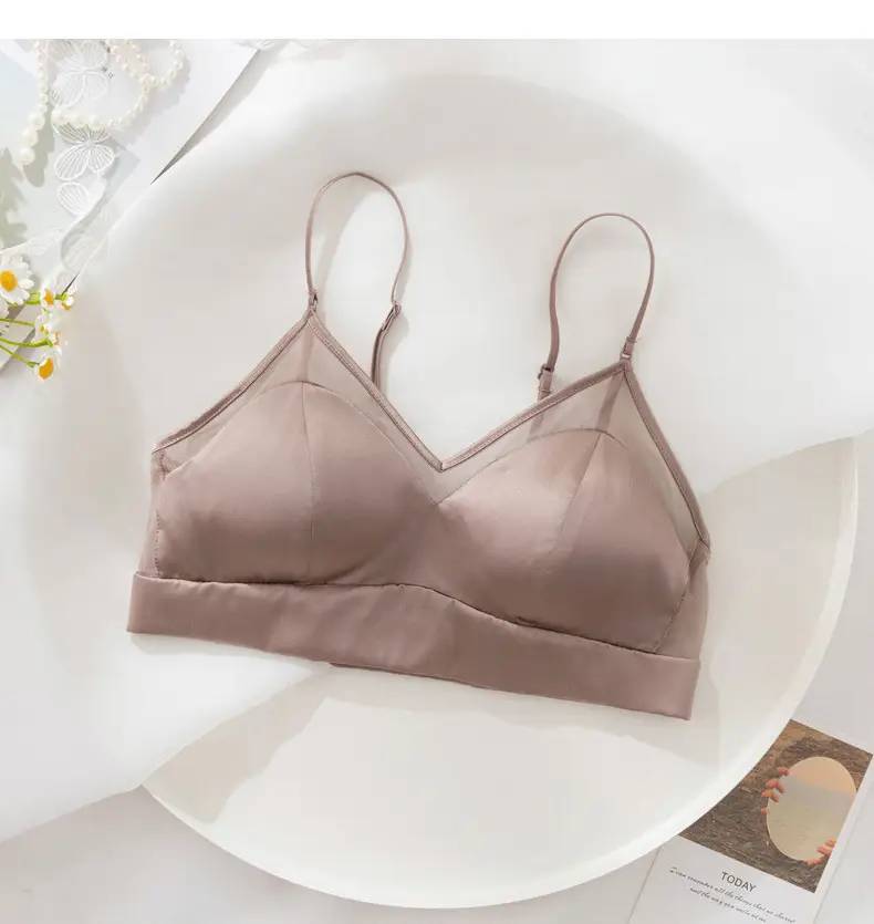 Satin Silk Bra French Mulberry Silk Bra Thin Lace Beautiful Back One Piece Suspender Wireless Underwear for Women — feature 20