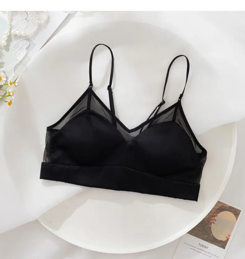 Satin Silk Bra French Mulberry Silk Bra Thin Lace Beautiful Back One Piece Suspender Wireless Underwear for Women — feature 21